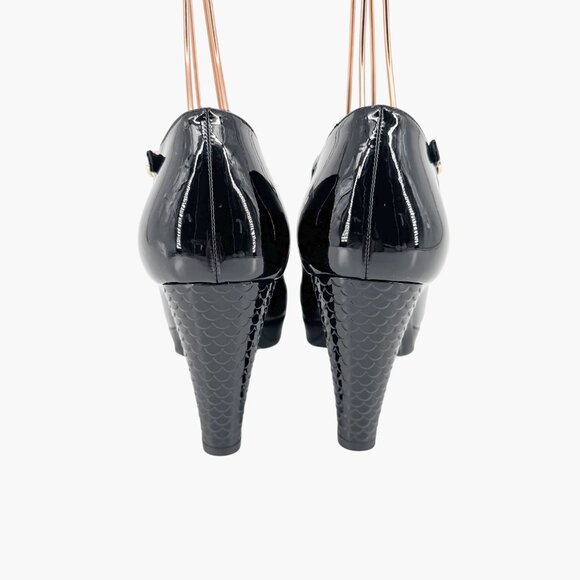 Chanel Platform Pumps Size 38 US 7-7.5 Black Patent Cap Toe Mary Jane Mid Heel - Picture 7 of 15
